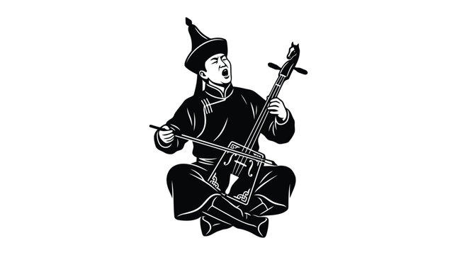 Traditional musician playing stringed instrument black and white illustration isolated on white background