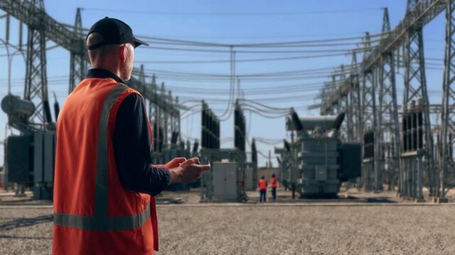 Substation Specialist Analyzing Digital Metrics Amid Electrical Infrastructure Surroundings