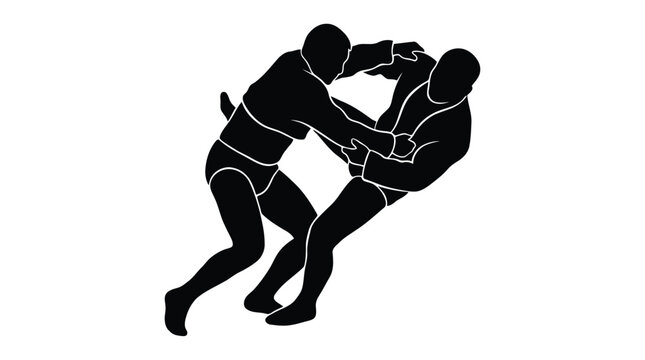 Dynamic black silhouette illustration of two wrestlers in intense grappling action pose isolated on white background