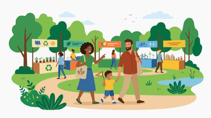 Fototapeta premium Family enjoys a day at an eco friendly market with sustainable products and green energy displays