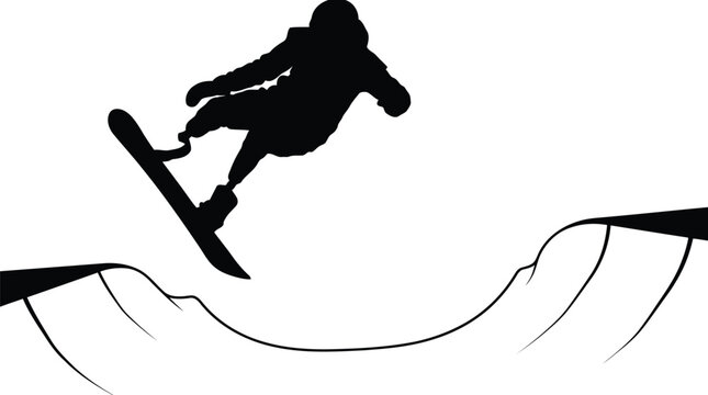 Dynamic skateboarder silhouette performing aerial trick on ramp with bold black and white contrast action isolated on white background