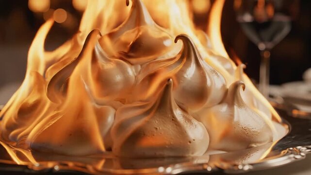 Gourmet baked Alaska dessert set on fire during a flamb&eacute; presentation in a luxury restaurant.