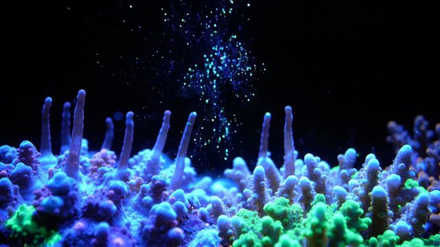 Coral polyps release gametes into water in marine ecosystem. Bioluminescent spawning process of reef organisms. Natural underwater reproduction in dark ocean
