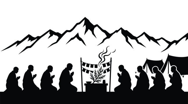 Meditation group silhouette with mountain background and ceremonial fire ritual illustration isolated on white background