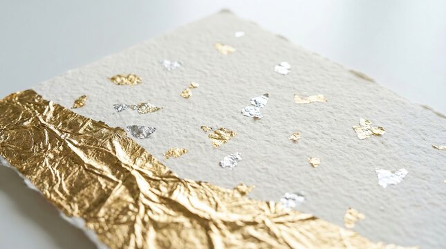 Handmade textured paper with gold and silver leaf foil for luxury wedding invitation and stationery design.