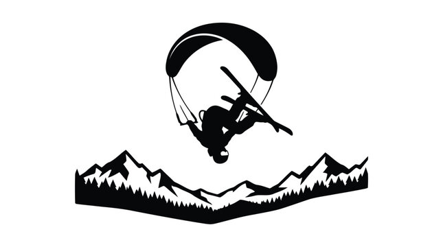 Dynamic ski jumper silhouette illustration with mountain landscape action pose isolated on white background