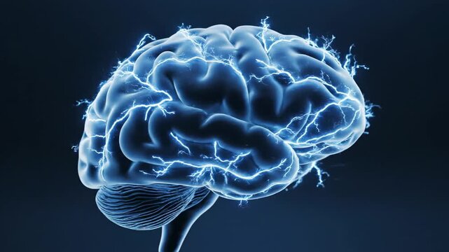 Human brain with glowing electrical impulses symbolizing neuroscience, artificial intelligence, and mental activity.