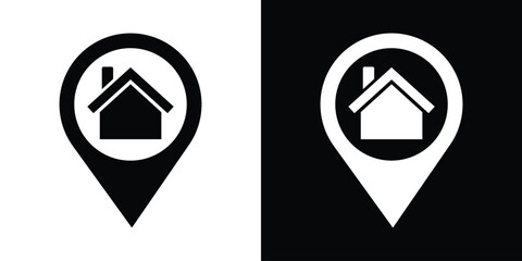 Home map pin locator vector icon. Solid black and white minimal navigation markers for real estate location, house address placement, tracking, and property search. © bibin
