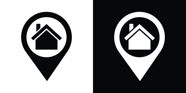 Home map pin locator vector icon. Solid black and white minimal navigation markers for real estate location, house address placement, tracking, and property search.