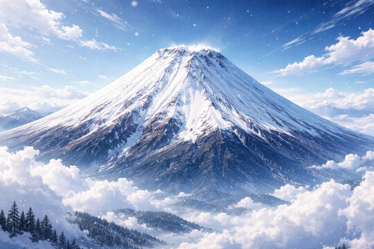 Artistic anime rendering of a snow covered stratovolcano on a white background