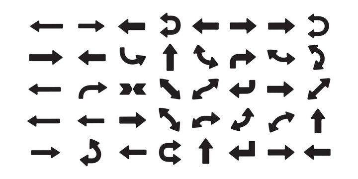 Collection of simple flat arrows for web and user interface design in minimalist modern black style.