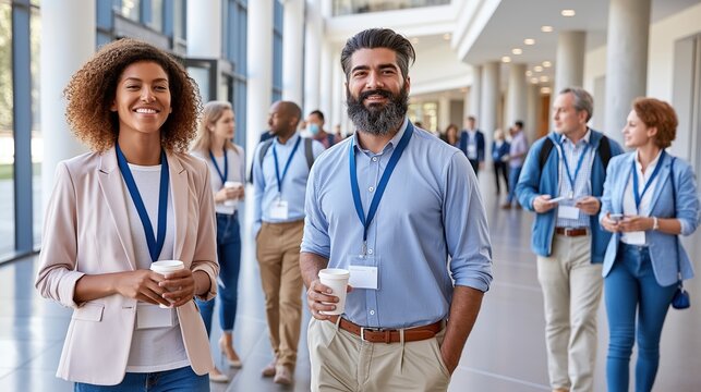 Group of diverse business professionals walking through bright modern office corridor holding coffee cups wearing name tags attending business conference event