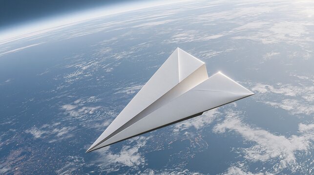 White folded origami paper plane flying above earth atmosphere with clouds and ocean below minimalist creative concept for travel forward thinking and innovation