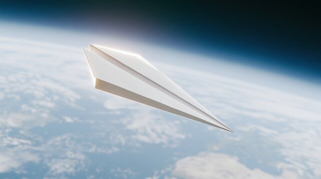 White folded paper airplane flying high through clear sky above cloudy earth surface creative minimalist concept for travel innovation and future vision
