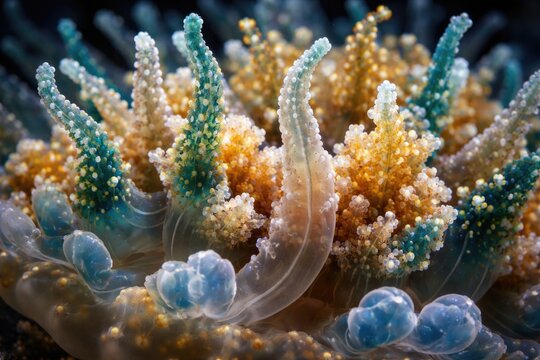 Vivid macro shot highlighting the delicate tentacles of Cassiopea Andromeda jellyfish