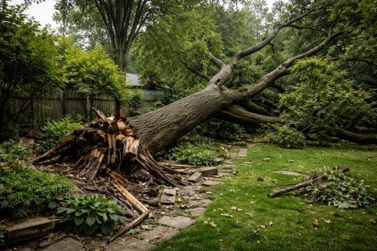Wind damage aftermath featuring fallen large old tree with shattered canopy in backyard garden