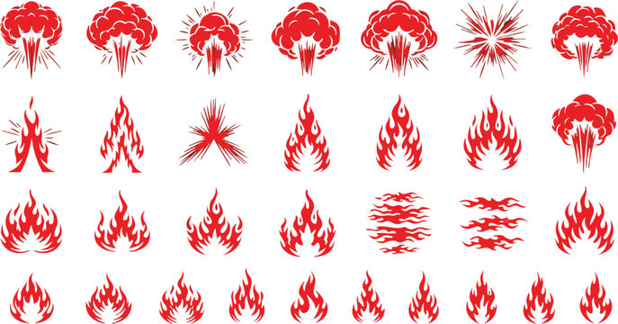 Fire Flame and Explosion Icon Set Featuring Burning Effects, Blast Symbols, Hot Energy Elements, and Danger Warning Graphics