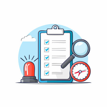 Checklist, Magnifying Glass, Clock, and Warning Light Illustration