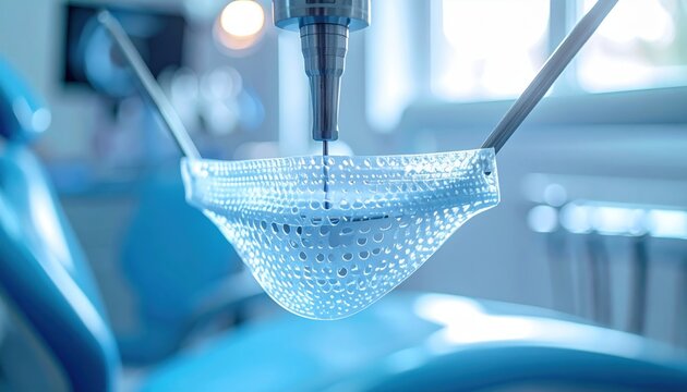 Close-up of dental dam material being precisely worked on by medical equipment in a modern clinic