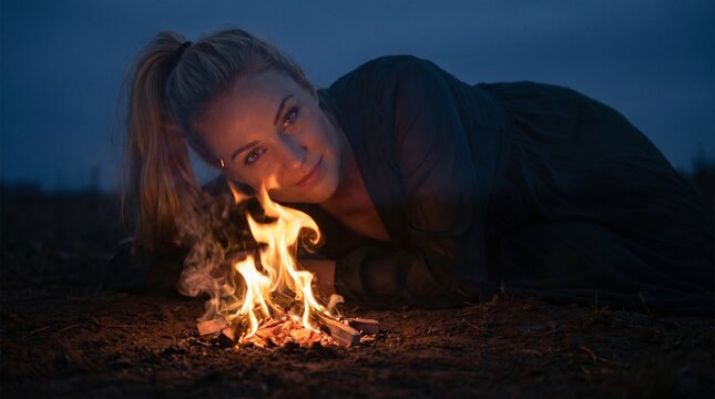 Woman Relaxing by Campfire at Dusk with Face Lit by Flames