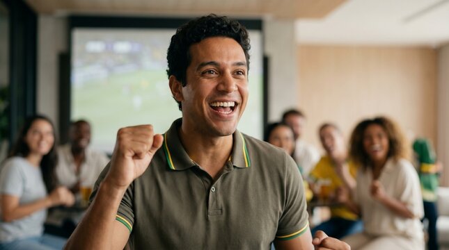 Closeup de torcedor brasileiro emocionado comemorando momento decisivo do futebol internacional em atmosfera moderna e vibrante