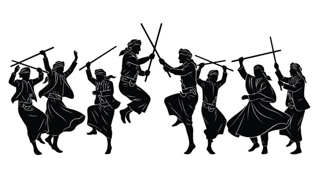 Dynamic black silhouette illustration of medieval warriors fighting with swords in action pose isolated on white background