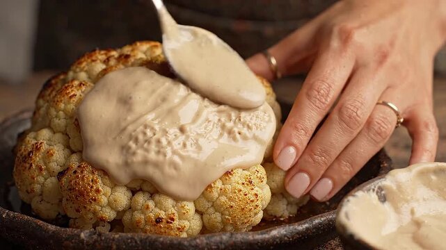 Closeup of a roasted cauliflower head being drizzled with tahini sauce by a persons hand in a rustic kitchen setting