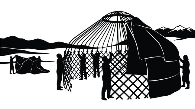 Traditional yurt dwelling silhouette illustration with nomadic people and scenic mountain landscape in black and white isolated on white background