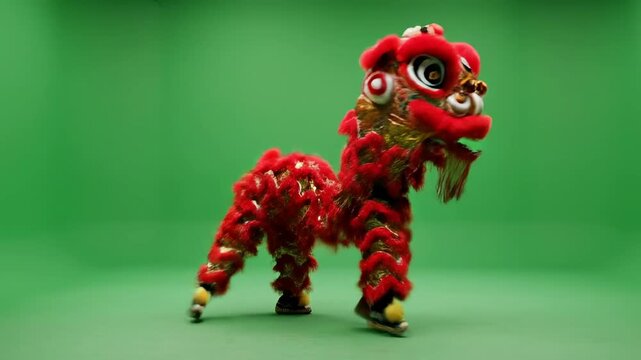 Traditional red Chinese lion dance head isolated on a green screen background for Lunar New Year celebration.