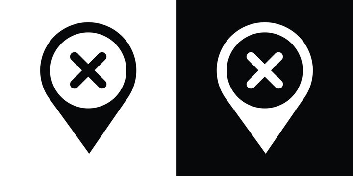 Cross mark location pin icon vector illustration. Map pointer with X symbol isolated on black and white background for canceled destinations, wrong places, or restricted locations.