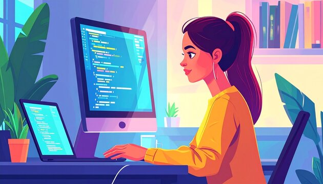 Woman coding on computer with dual monitors at home.