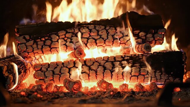 Close up of glowing burning firewood logs with bright flames and embers in a cozy fireplace