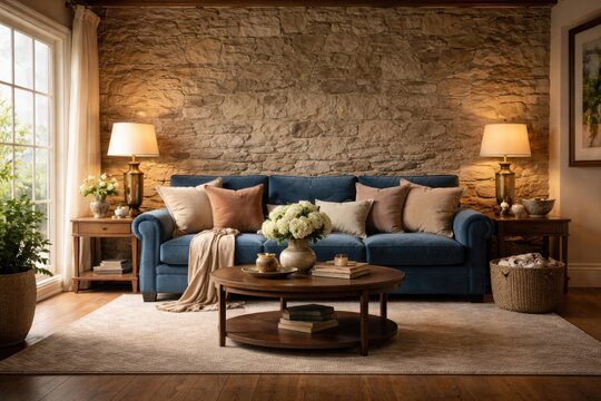 Elegant living room design highlighting rustic stone wall paired with a comfortable blue sofa