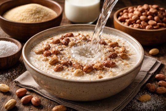 Water blending into a bowl of garri milk sugar and nutty groundnuts