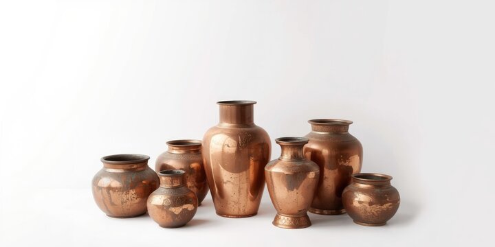 Antique copper vessels arranged against a pure white backdrop