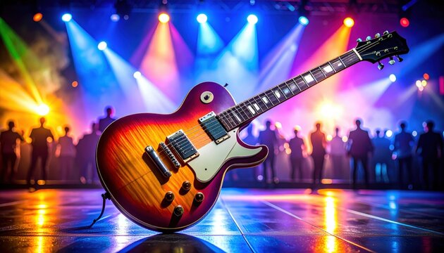 A vibrant electric guitar rests center stage with colorful lights illuminating a blurred audience in the background