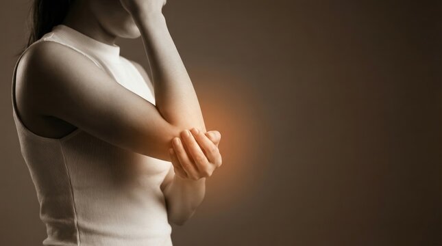 Young woman holding her painful elbow with highlighted red spot indicating joint inflammation or injury.