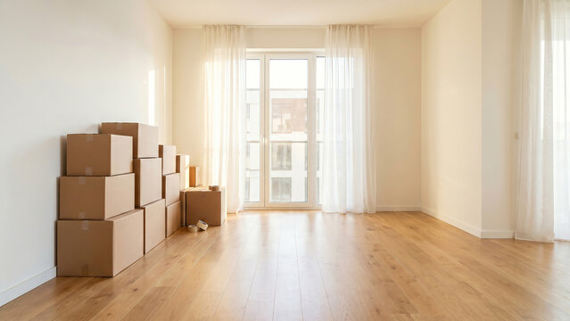 Bright Parisian Style Empty Room with Moving Boxes Herringbone Floor and Olive Tree Symbolizing New Beginning and Discovery Perfect for Real Estate and Interior Design Advertising