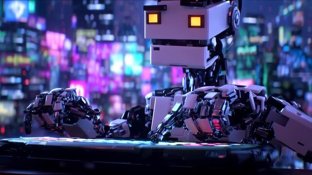 Futuristic robot playing in a city
