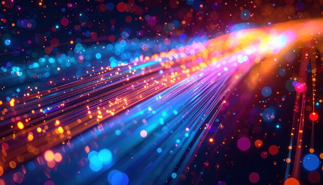 Abstract network of glowing optical fiber cables transmitting data with vibrant light streams and bokeh effects