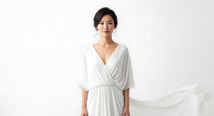 Obraz premium Asian woman in white dress smiling.