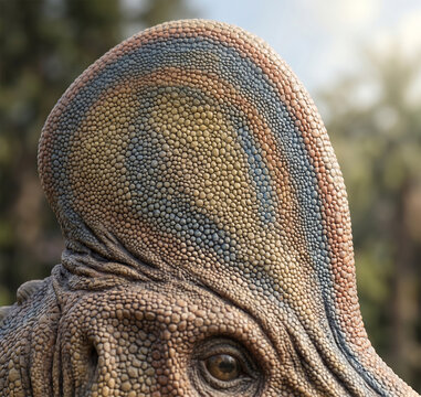 An extreme macro photograph of a Corythosaurus head, focusing on its distinctive, hollow, helmet-like crest.