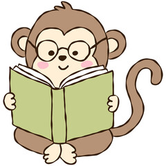 Cute cartoon monkey reading a book, smart monkey wearing glasses illustration