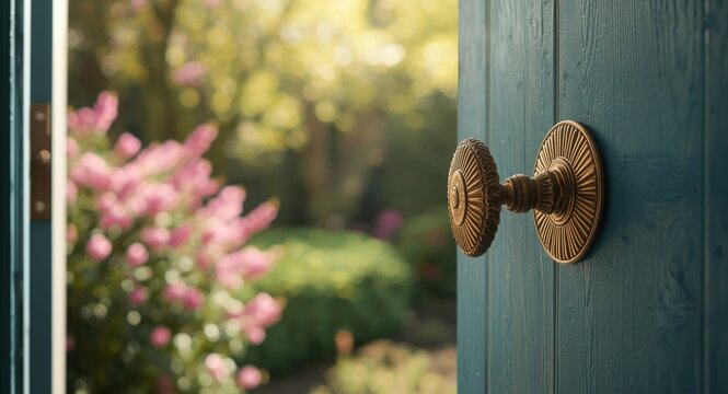 Beautiful door knobs opening to a garden filled with vibrant blossoms and fresh air