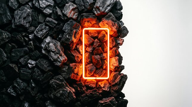 Glowing orange battery symbol embedded in a pile of black coal on a white background