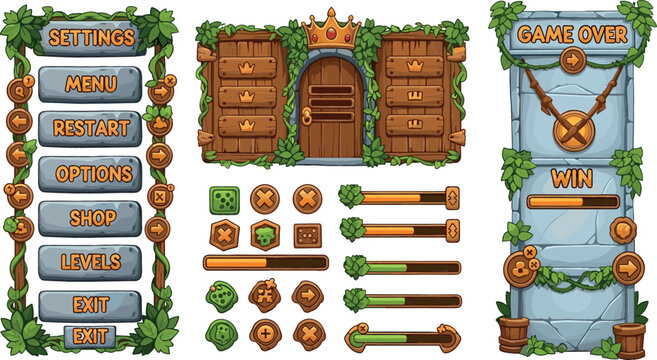 Stone and wood fantasy game user interface kit featuring buttons, menu boards, progress bars, and win game over screens decorated with green jungle vines and leaves.