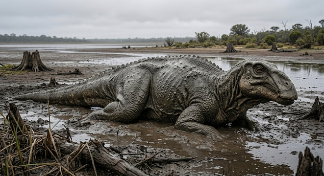 A gritty, high-detail photograph of a massive Edmontosaurus resting in a thick mud wallow near a drying lake. 