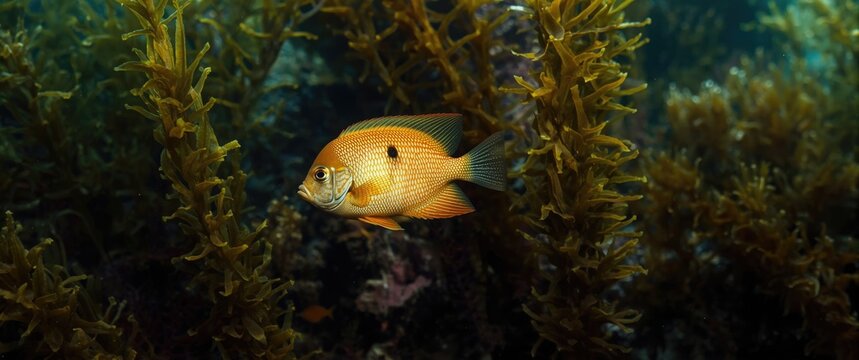 Adult Garibaldi in natural kelp surroundings with ample copy space for text