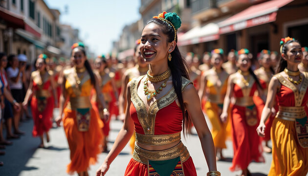 Dancer in traditional attire celebrating in a vibrant parade street festival