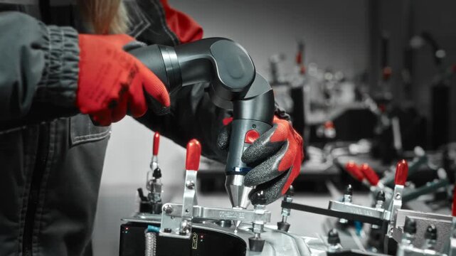 Worker Performs Precise Measurement On Machined Component With Advanced Scanning Equipment In Workshop